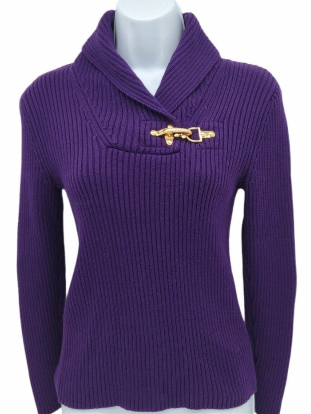 Ralph Lauren L. Black Label  Ribbed Shawl-Collar Sweater with Gold Toggle
